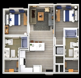 A top-down view of a small apartment layout with a kitchen, living room, and bedrooms.