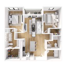A top down view of a small apartment with a kitchen, living room, and bathroom.