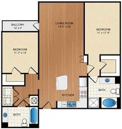 A floor plan of a house with a living room, two bedrooms, a kitchen, a bath, and a balcony.
