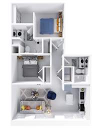 A diagram of a small apartment with a kitchen, living room, and bathroom.