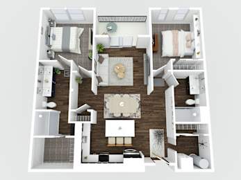 A top-down view of a well-furnished apartment.