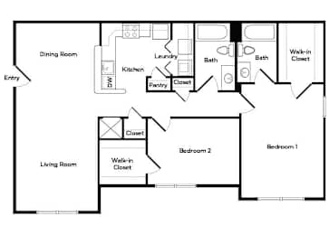 A black and white floor plan of a house with a living room, dining room, kitchen, pantry, two bathrooms, and two bedrooms.