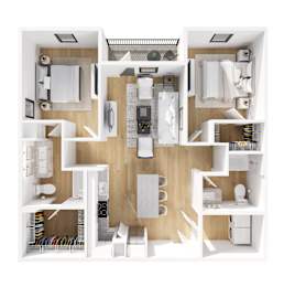A top down view of a small apartment with a kitchen, living room, and bathroom.