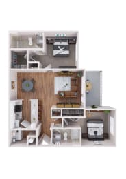 a 3d drawing of a house with a kitchen and a living room
