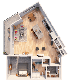 A 3D rendered image of a house layout with a living room, kitchen, and bedrooms.