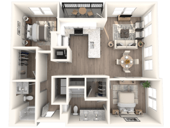 a 3d floor plan of a bedroom with a bathroom and a living room