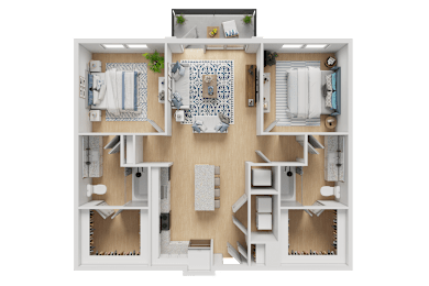 A 3D floor plan of a house with a living room, two bedrooms, a bathroom, and a kitchen.