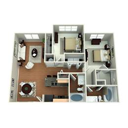 A 3D rendered image of a house layout.