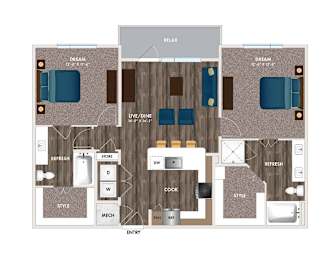 A floor plan of a house with two bedrooms, a living room, a dining room, a kitchen, a bathroom, and an entry.