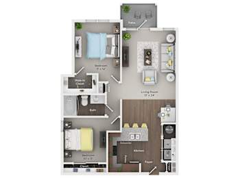 A floor plan of a small apartment with a living room, kitchen, and two bedrooms.