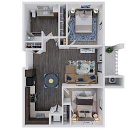 A 3D floor plan of a small apartment with a living room, kitchen, and bedroom.