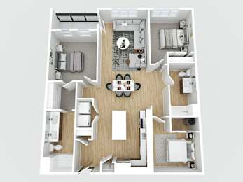 A top-down view of a house layout with a central kitchen area.