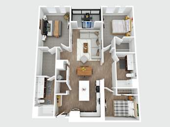A top-down view of a well-organized apartment with a kitchen, living room, and bedroom.