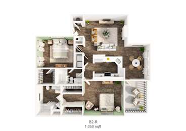 A 1,050 square foot floor plan of a home with a living room, kitchen, dining room, and two bedrooms.