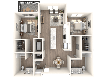 A 3D floor plan of a house with a kitchen, living room, and bathroom.