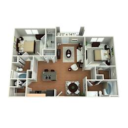A 12'0" x 14'1" floor plan of a house with a kitchen, living room, and two bedrooms.