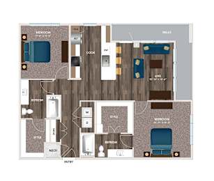 A floor plan of a house with two bedrooms, a living room, a kitchen, a dining room, and a bathroom.