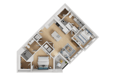 A 3D floor plan of a house layout.