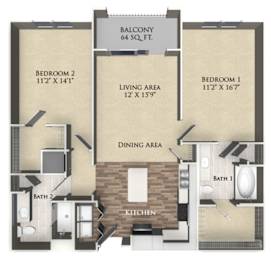 A floor plan of a condo showing three bedrooms, a living area, a dining area, a kitchen, and two bathrooms.