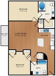 A floor plan of a home with a living room, kitchen, and two bedrooms.