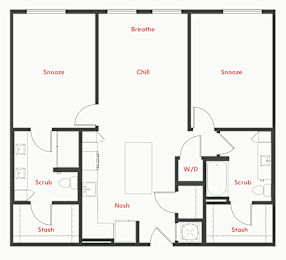 A floor plan of a house with labeled rooms such as "Breathe", "Chill", "Scrub", "Nosh", and "Stash".