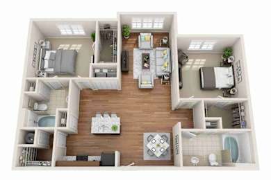 A 3D floor plan of a two-bedroom apartment with a living room, kitchen, and bathroom.