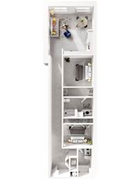 A white, minimalist kitchen with a white fridge, white shelves, and white appliances.