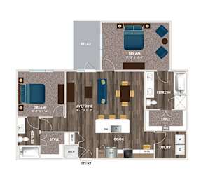 A floor plan of a house with labeled rooms such as "DREAM", "LIVE/DINE", and "STYLE".