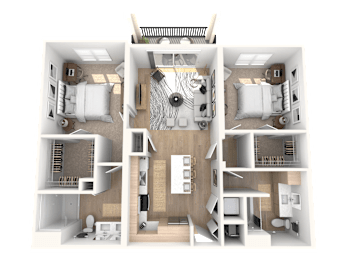 A 3D floor plan of a house showing all the rooms and their layouts.