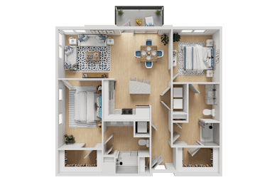 A 3D floor plan of a small apartment with a kitchen, living room, and bedroom.