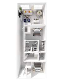 A white floor plan of a house with a kitchen, living room, and bathroom.