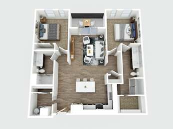 A top-down view of a small apartment with a kitchen, living room, and bathroom.