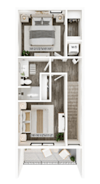 A floor plan of a small apartment with a bedroom, living room, and bathroom.