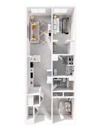 A white bathroom with a toilet, sink, and shelves.
