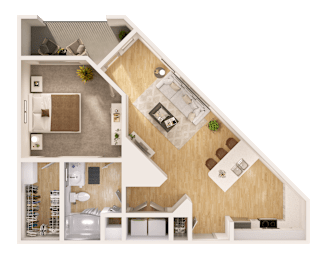 A top-down view of a house layout with a living room, kitchen, and bedrooms.