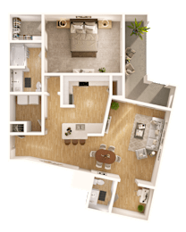 A 3D floor plan of a house with a kitchen, living room, dining room, and bedrooms.