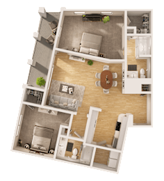 A 3D floor plan of a small apartment with a kitchen, living room, and bathroom.