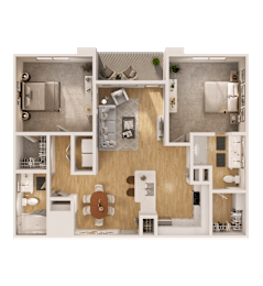 A top-down view of a small apartment with a kitchen, living room, and bathroom.