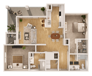 A top-down view of a house layout with a kitchen, living room, and bathroom.