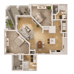 A top-down view of a house layout with a kitchen, living room, and bathroom.
