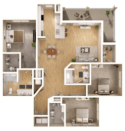 A 3D floor plan of a house showing a kitchen, living room, dining room, and bedrooms.