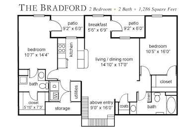 A floor plan of a two bedroom apartment with a total area of 1,286 square feet.