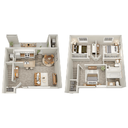 Two floor plan images of a house with a living room, kitchen, and bedrooms.