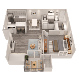 A 3D floor plan of a small apartment with a kitchen, living room, and bedroom.