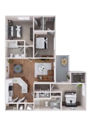 a stylized floor plan with a bedroom and a kitchen