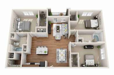 A 3D floor plan of a house with a kitchen, living room, and bedrooms.