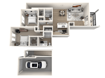 A 3D floor plan of a house with a car garage