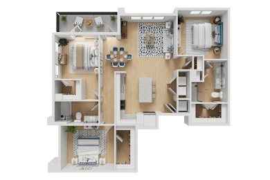 A 3D floor plan of a house with a kitchen, living room, and bathroom.