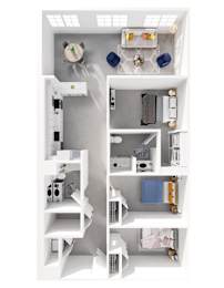 A white room with a desk, a chair, a couch, a bed, and a shelf.