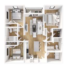 A top-down view of a small apartment with a kitchen, living room, and bathroom.